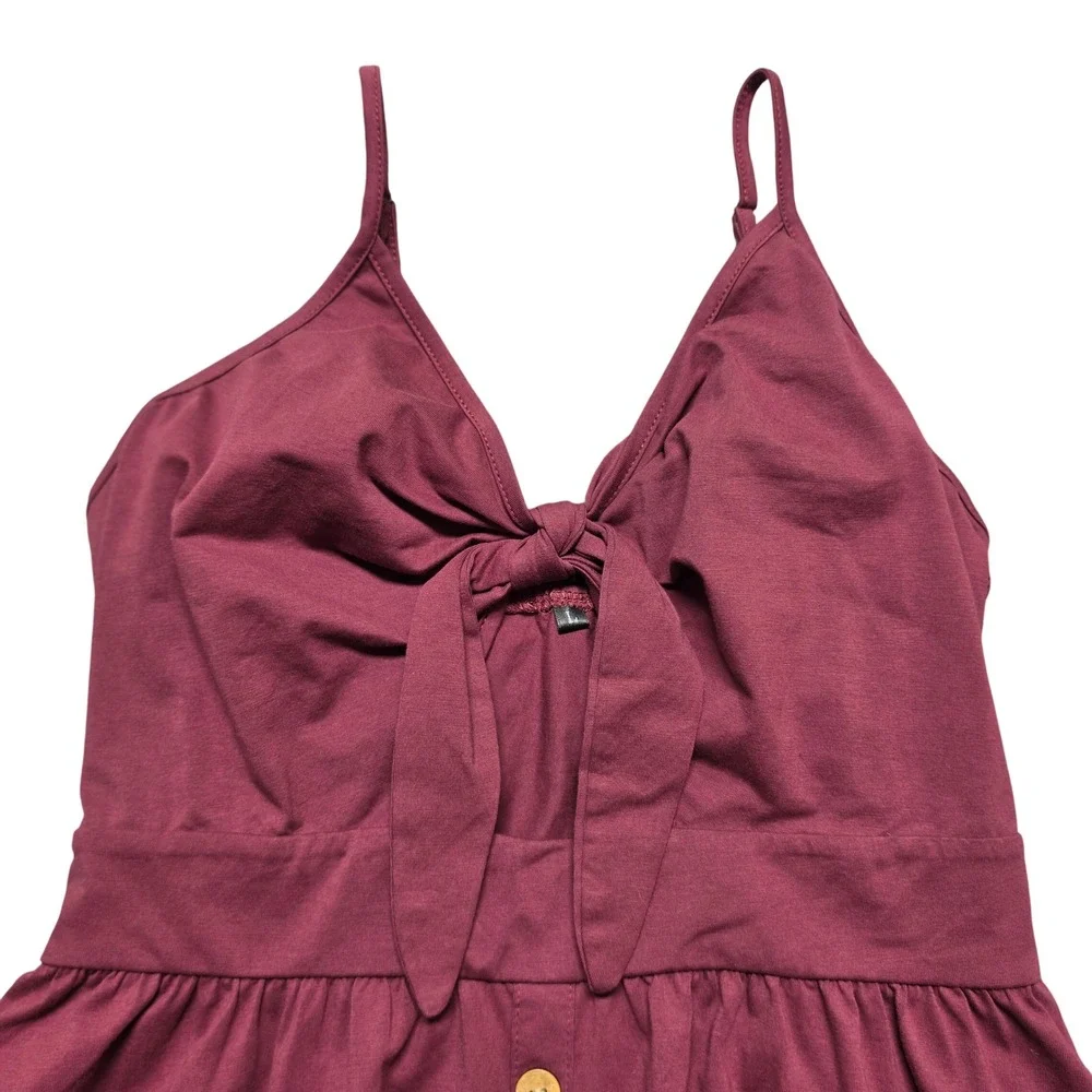 Cottagecore Boho Sundress Tie Front Button Detail Midi Womens Large Burgundy